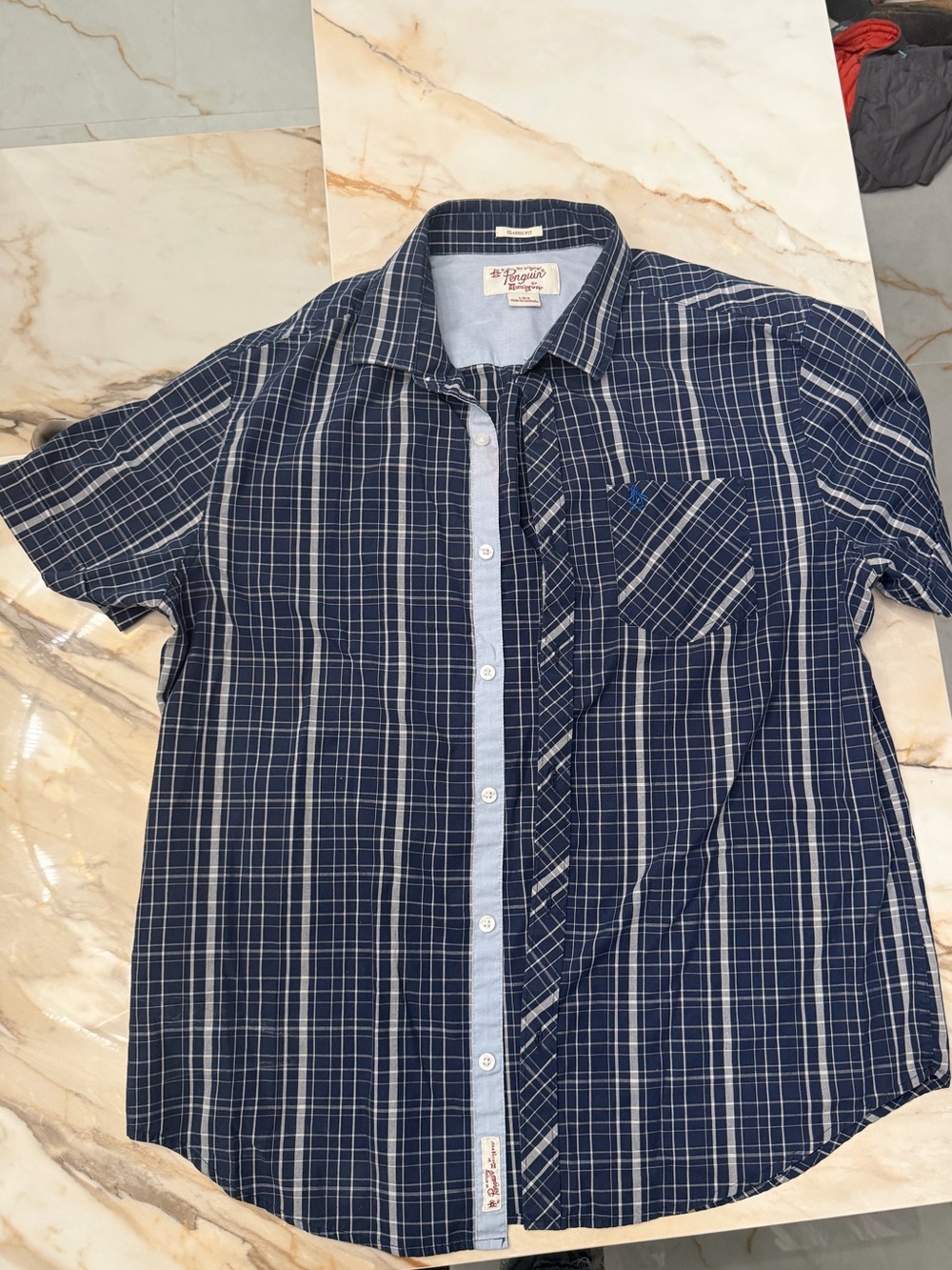 Penguin Blue Plaid Short-Sleeve Men's Shirt -